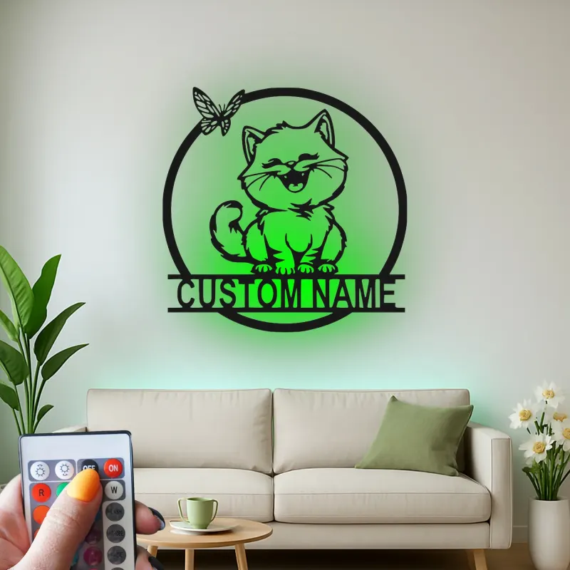 Custom Cat and Butterfly Led Light Metal Wall Art Personalized Gift for Cat Lovers Bedroom or Living Room Decor