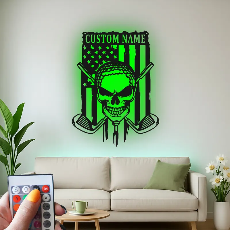 Skull Golfer Metal Wall Art | Personalized American Flag Golf Decor | LED Man Cave Signage for Enthusiasts