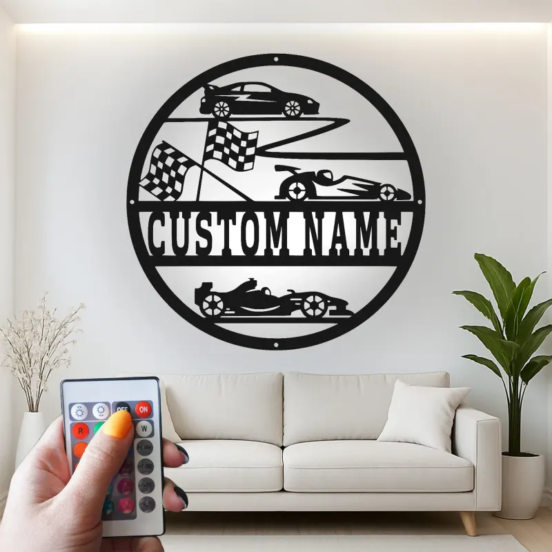 Panneau Métal de Voiture de Course Personnalisé | Art Murale LED avec Nom pour Garage | Décor de Formule 1 & Voiture de Sport | Cadeau pour Pilote