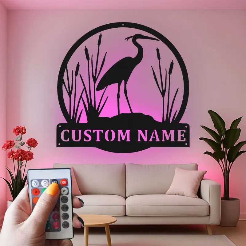 Insegna in metallo personalizzata con Airone e luci LED | Arte murale di fauna selvatica personalizzata | Decorazione per patio esterno per casa al lago | Regalo per amanti degli uccelli