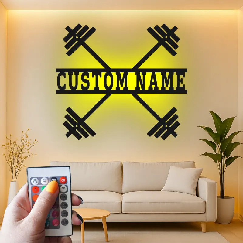 Insegna in metallo personalizzata con bilanciere e luce LED regalo per appassionati di fitness decorazione per home gym