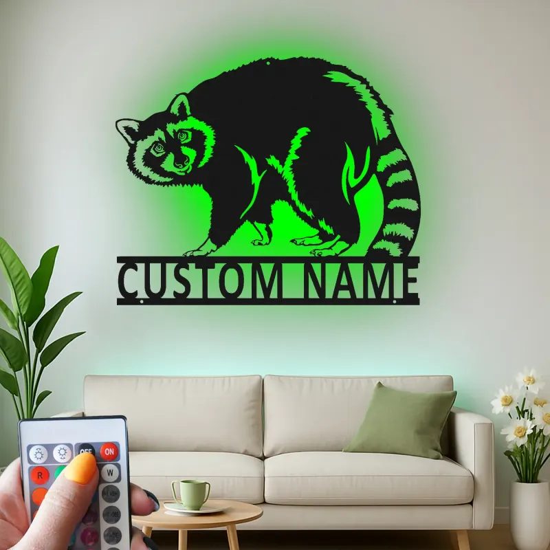 Enseigne raton laveur LED personnalisée | Décoration murale en métal faune sauvage | Plaque prénom forêt personnalisée | Cadeau animal lumineux pour amoureux de la nature