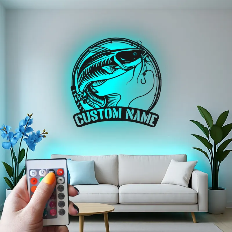 Custom Catfish LED Metal Sign | Personalized Fisherman Gift | Lake House Decor | Lighted Cabin Wall Art