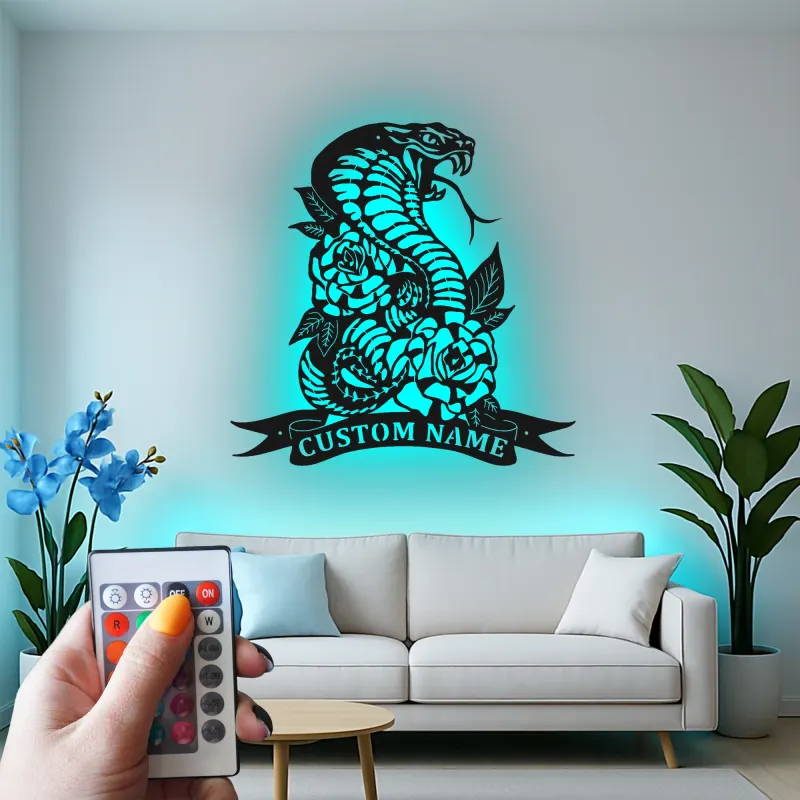 Custom Cobra Metal Sign | LED Snake & Roses Wall Art | Personalized Gothic Decor for Tattoo Studio or Man Cave