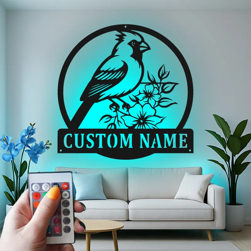 Cartel de metal LED de pájaro cardenal personalizado, regalo para amantes de la naturaleza, decoración de sala de estar o jardín