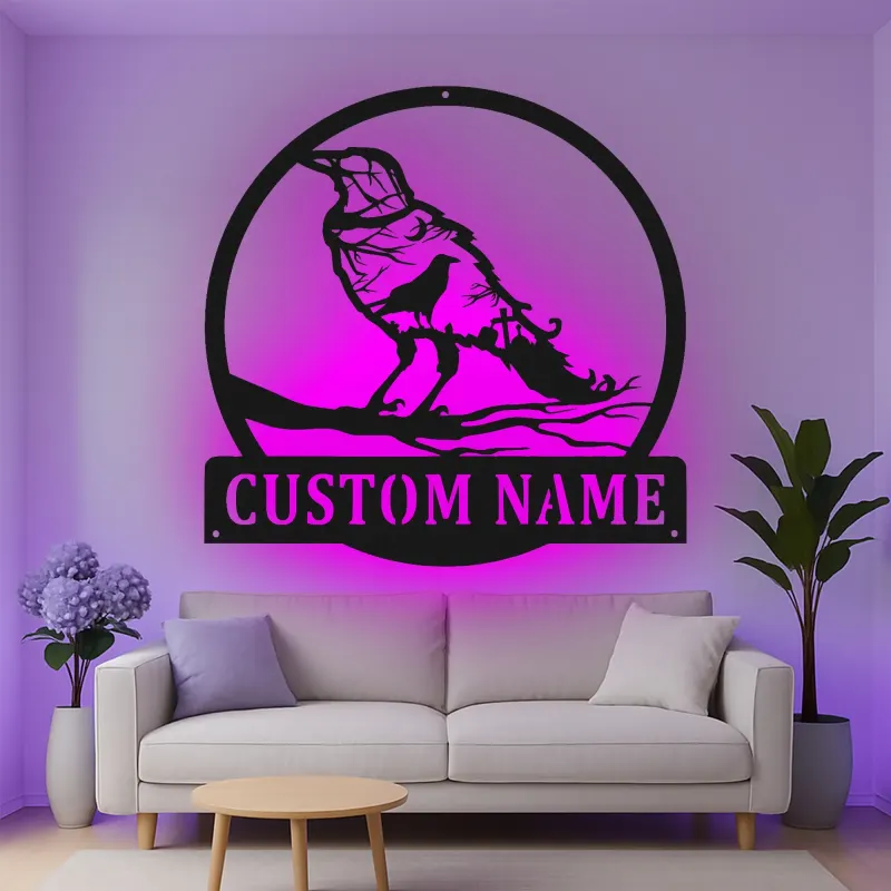 Cartel de metal LED de cuervo personalizado, regalo único para amantes de la naturaleza, acento decorativo para el hogar