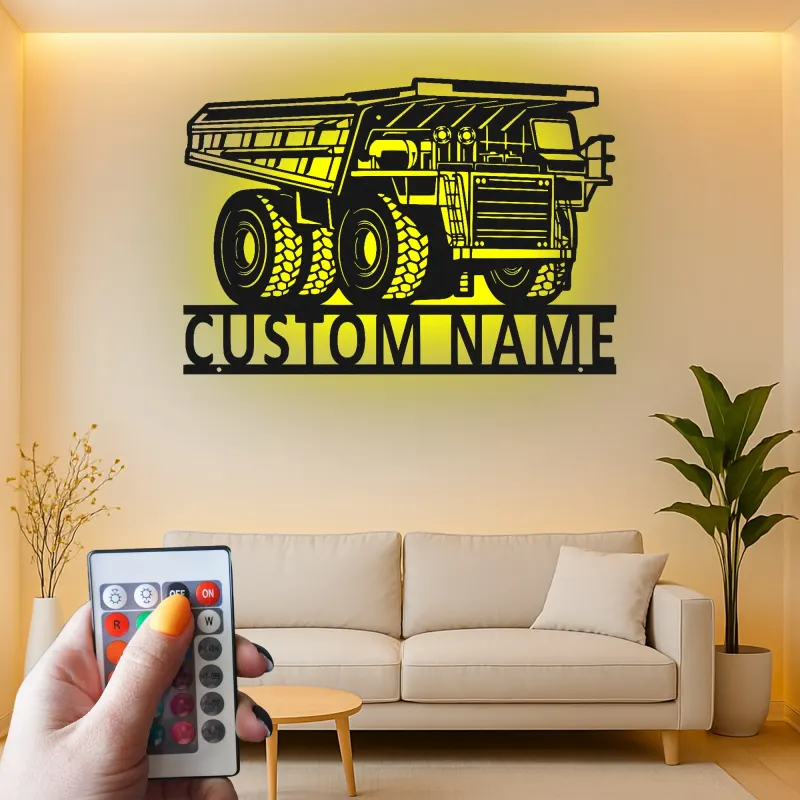 Insegna in metallo LED personalizzata a tema camion ribaltabile per appassionati di costruzione, regalo per garage o ufficio