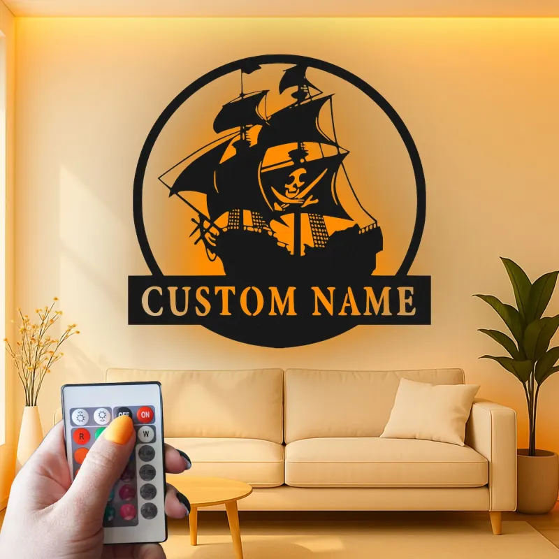 Personalized Pirate Ship LED Sign | Custom Metal Wall Art | Nautical Home Decor for Man Cave | Gift for Sailor