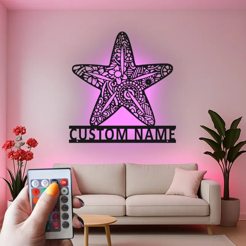 Insegna in metallo LED a forma di stella marina personalizzata | Arte murale oceanica personalizzata | Decorazione costiera per casa al mare e saloni | Targa ornata con nome