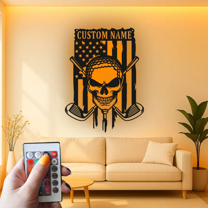 Skull Golfer Metal Wall Art | Personalized American Flag Golf Decor | LED Man Cave Signage for Enthusiasts
