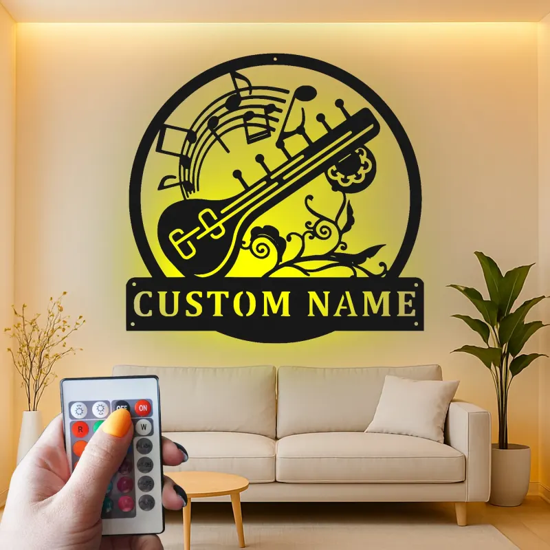 Panneau LED Sitar Personnalisé | Décoration murale en métal sur mesure pour studio de musique | Cadeau pour musicien | Décor d'instrument indien