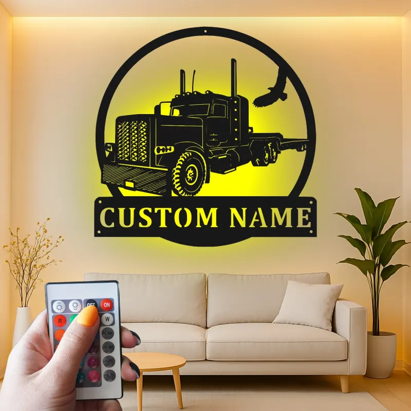 Décoration murale en métal LED personnalisée pour camion semi - Cadeau pour camionneur pour lui, décoration de garage ou de man cave