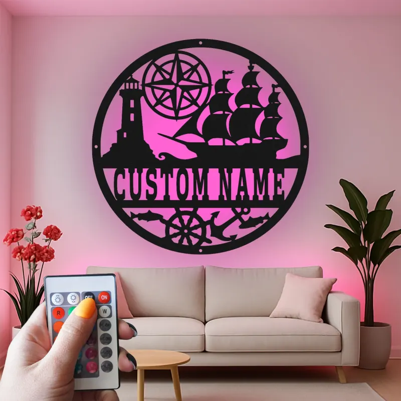 Personalisierte Nautische LED-Wandkunst | Individuelles Schiffs- und Kompass-Metallschild | Vintage Küstendekor für Zuhause oder Büro