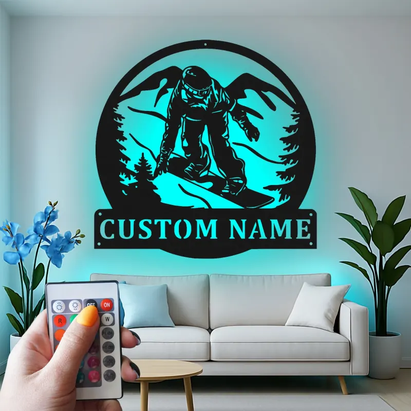 Cartel LED de snowboarder personalizado | Arte mural de metal personalizado | Decoración retroiluminada de montaña para cueva de hombres | Regalo de snowboarder