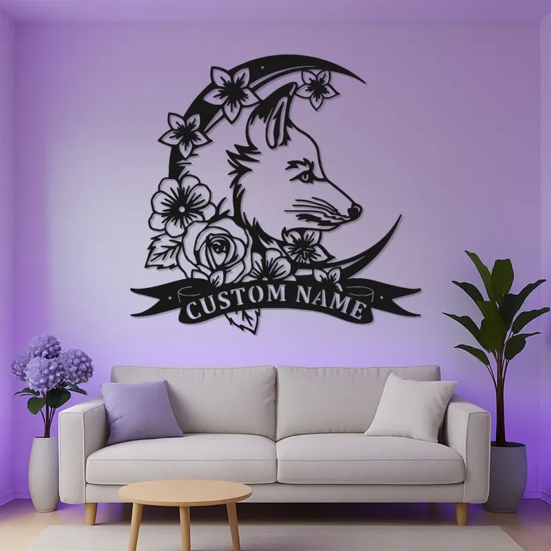 Personalized Fox LED Sign | Custom Metal Wall Art with Floral Moon | Boho Wildlife Decor for Nursery or Office | Hand-Crafted Gift