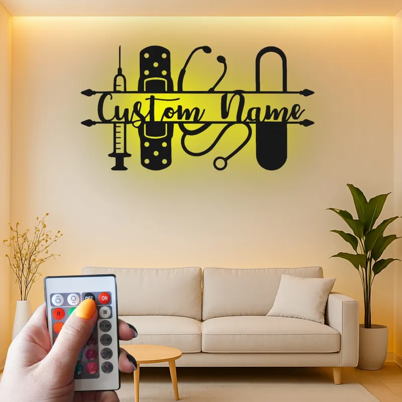 Personalized Nurse Name Sign with LED | Custom Medical Tools Metal Art | Clinic & Office Wall Decor | RN Graduation Gift