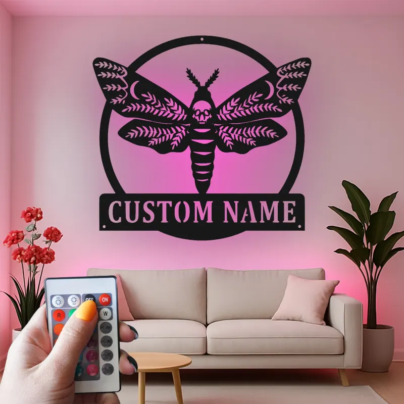Décoration murale en métal personnalisée avec crâne de papillon et rétroéclairage LED - Cadeau gothique unique pour la chambre ou le salon