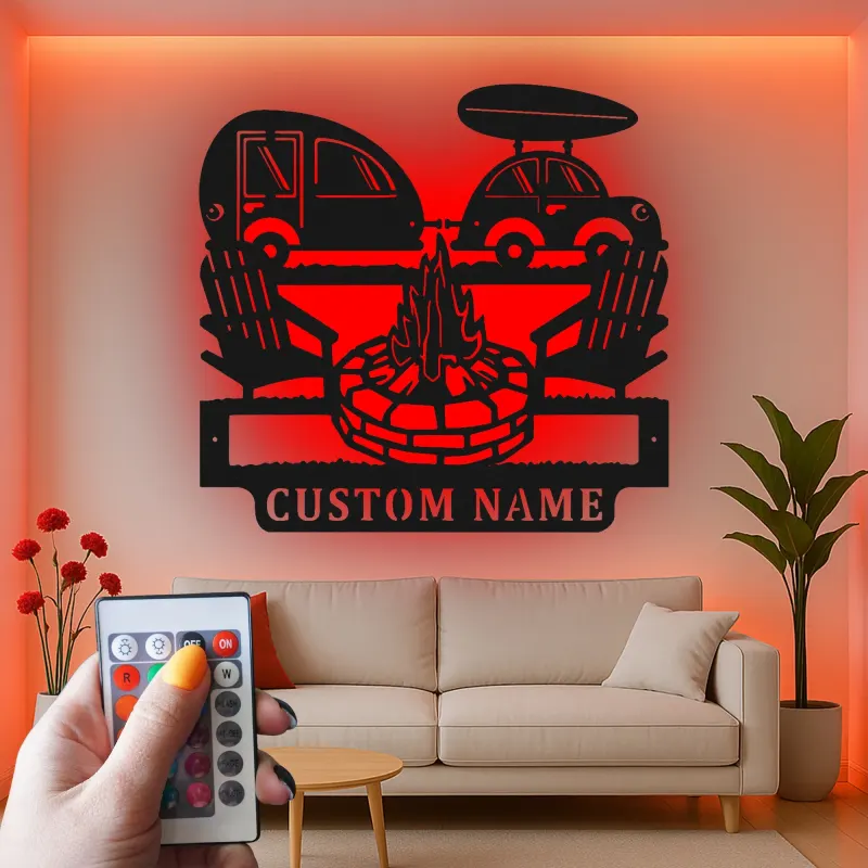 Décoration murale en métal personnalisée avec camping-car et feu de camp, cadeau de camping pour les passionnés de plein air