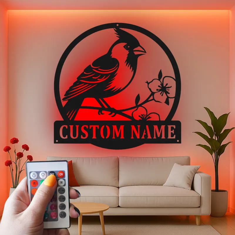 Décoration murale en métal personnalisée avec lumière LED en forme de cardinal - Cadeau pour amoureux de la nature - Décor de salon ou de jardin