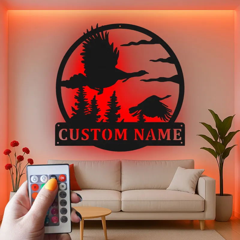 Insegna LED in metallo per caccia alle anatre personalizzata | Regalo per cacciatore personalizzato | Decor rustico per parete di baita | Arte per man cave