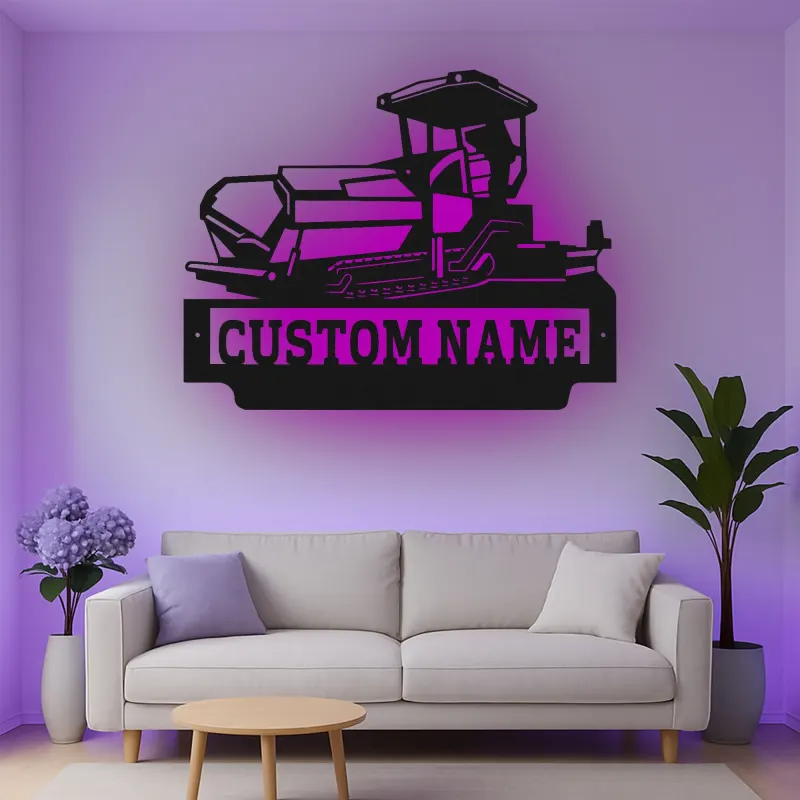 Décoration murale en métal personnalisée avec bulldozer rétroéclairé - Cadeau personnalisé pour passionné de construction - Décor de garage ou de bureau