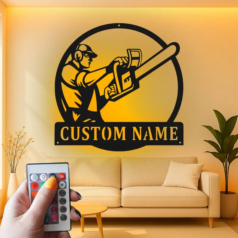 Personalisierte Arborist Metalltafel | Kettensäge LED Wandkunst | Individuelle Logger Dekoration | Geschenk für Outdoor-Enthusiasten & Baumdienst