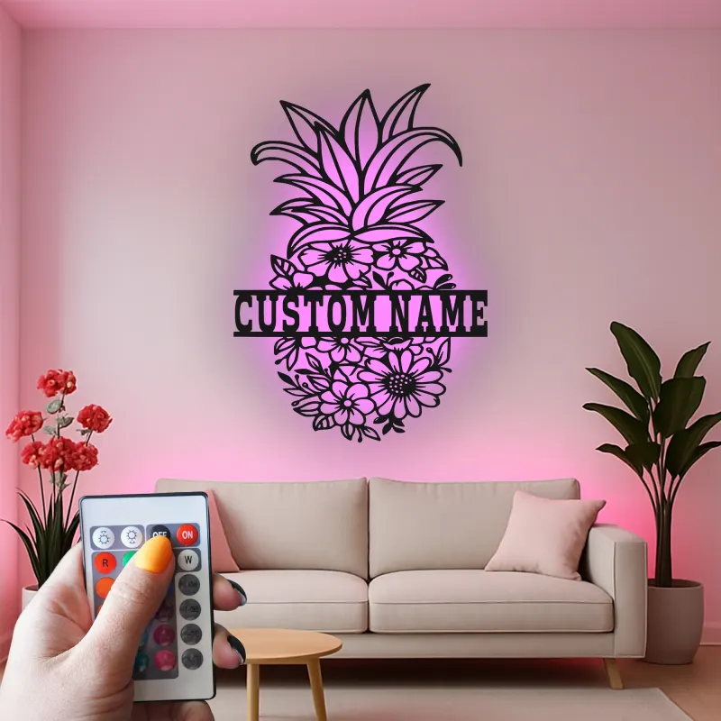 Insegna in metallo a forma di ananas personalizzata con LED | Arte murale floreale su misura | Decorazione tropicale per cucina e patio | Regalo originale per la nuova casa