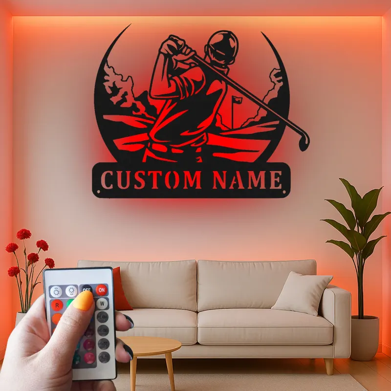 Insegna in metallo personalizzata per golfista con LED | Decorazione murale golf su misura | Arredo per man cave e regalo originale per amanti del golf