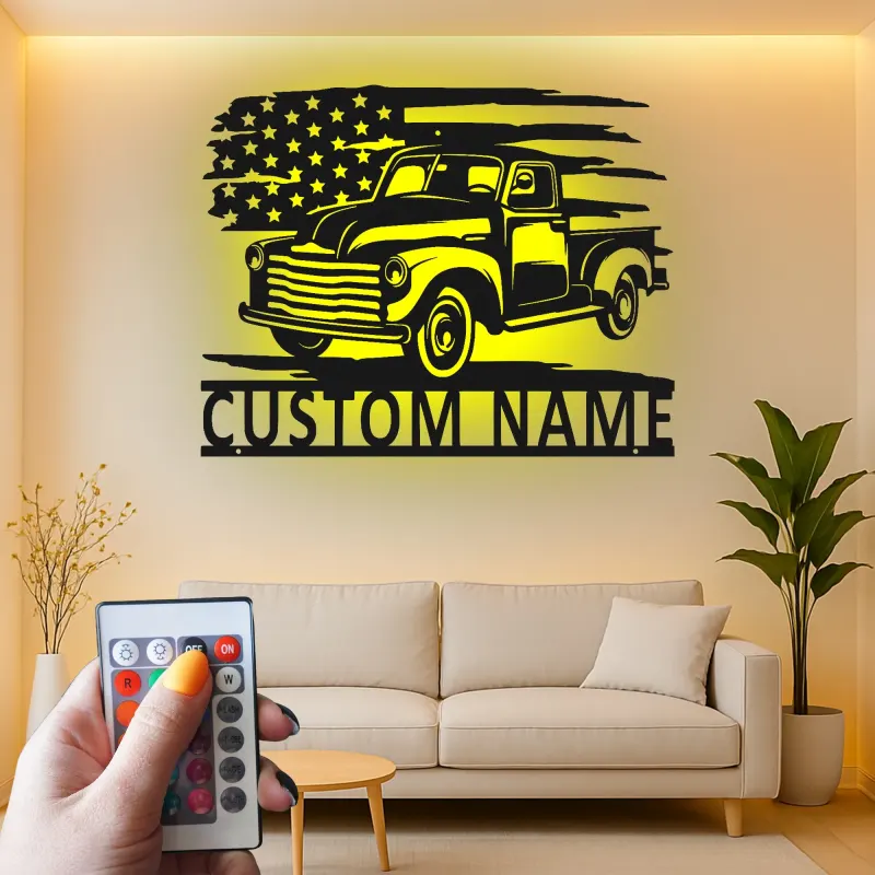 Personalisierte Vintage-Truck LED-Licht Metall-Wandkunst Geschenk für Auto-Enthusiasten Garagen- oder Männerecken-Dekor