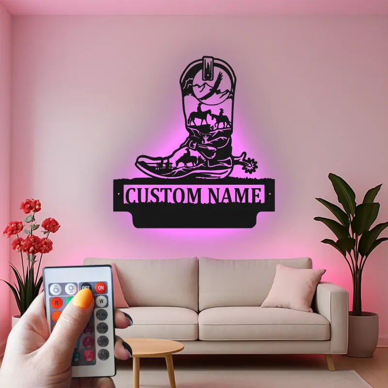 Custom Cowboy Boot Led Light Metal Wall Art Western Gift for Ranchers Rustic Farmhouse Decor