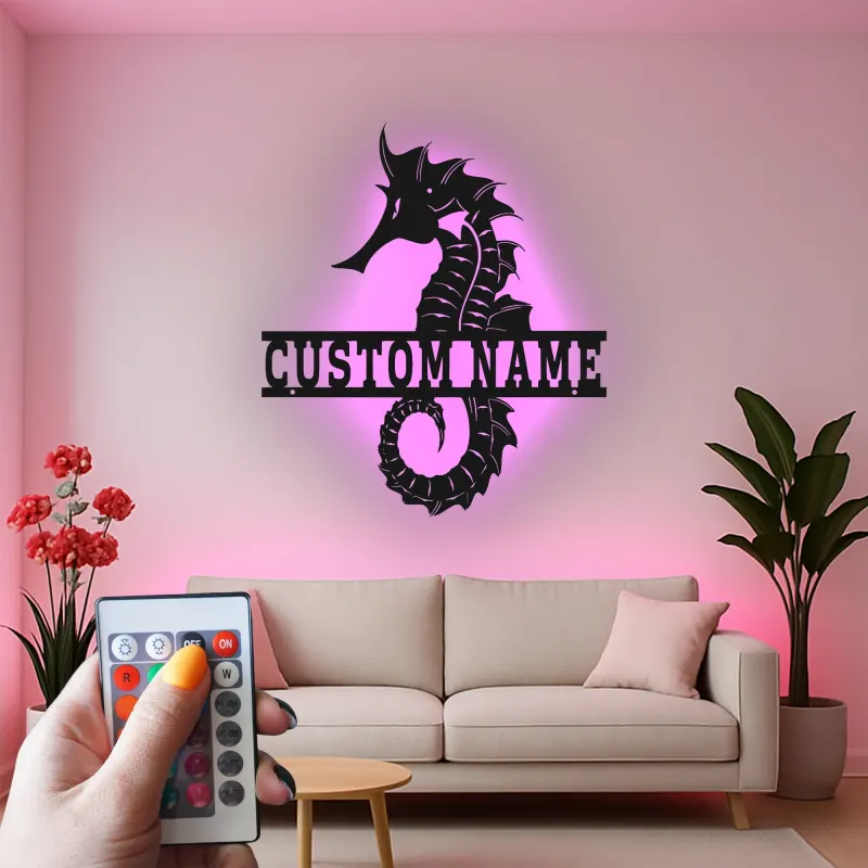 Cartel de metal personalizado de caballito de mar | Arte mural de luz LED personalizada | Decoración náutica para casa de playa | Regalo para hogar costero