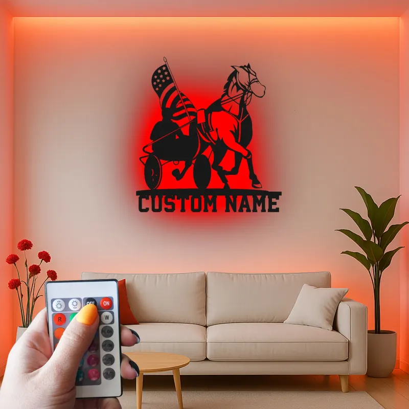 Harness Racing LED Metal Sign | Personalized Equestrian Wall Art | Custom Horse & USA Flag Stable Decor | Horse Lover Gift