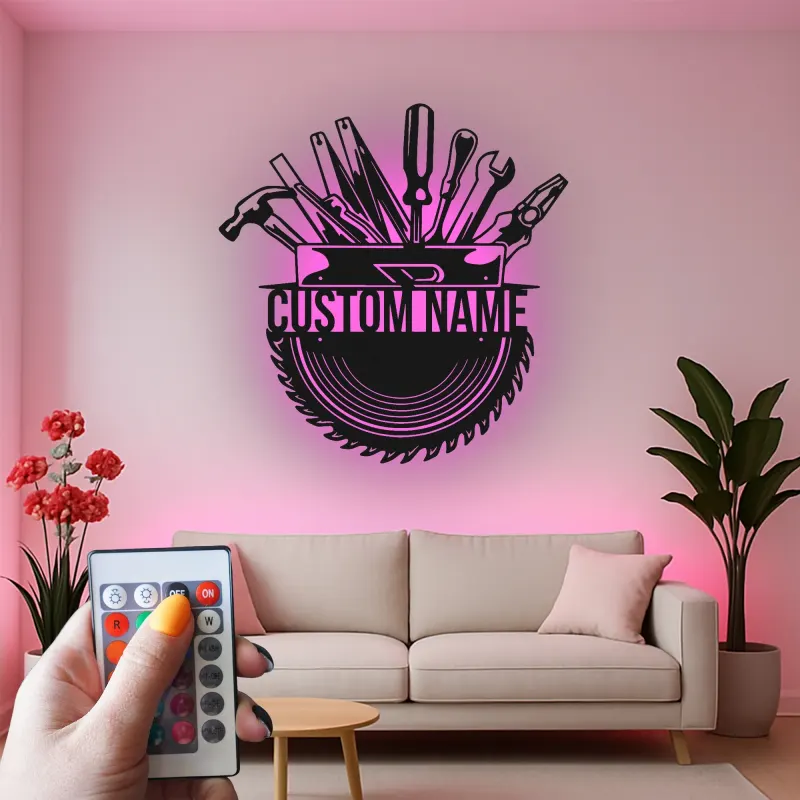 Insegna in metallo personalizzata con luce LED per Cassetta degli Attrezzi - Regalo per artigiani - Decorazione per garage o laboratorio 1