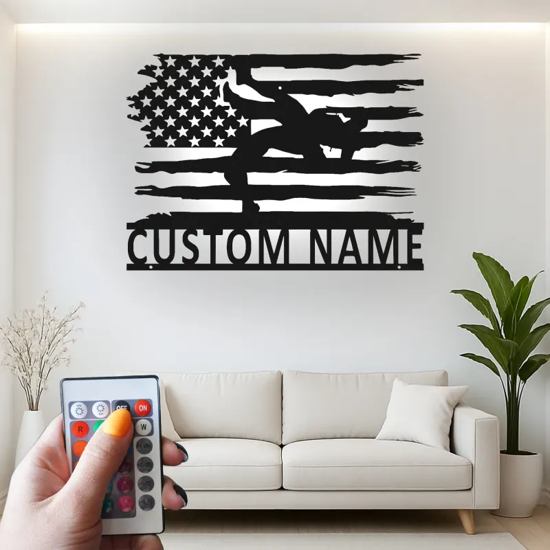 Décoration murale en métal personnalisée avec lumière LED drapeau américain pour lutteur - Cadeau sportif pour athlètes, décoration de gym ou de chambre