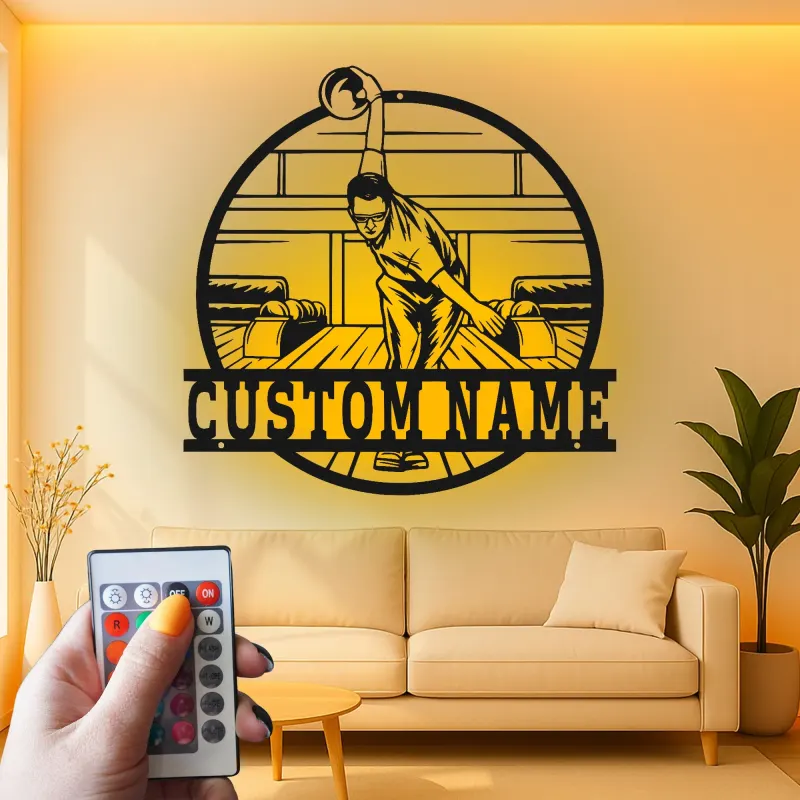 Custom Bowling Player Led Light Metal Wall Art Personalized Gift for Bowlers Game Room Decor