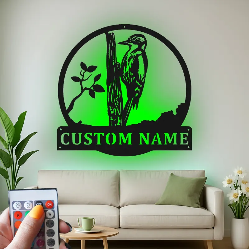 Personalisierte Specht LED-beleuchtete Metall-Wandkunst Geschenk für Naturfreunde Rustikale Wohnkultur für Vogelenthusiasten