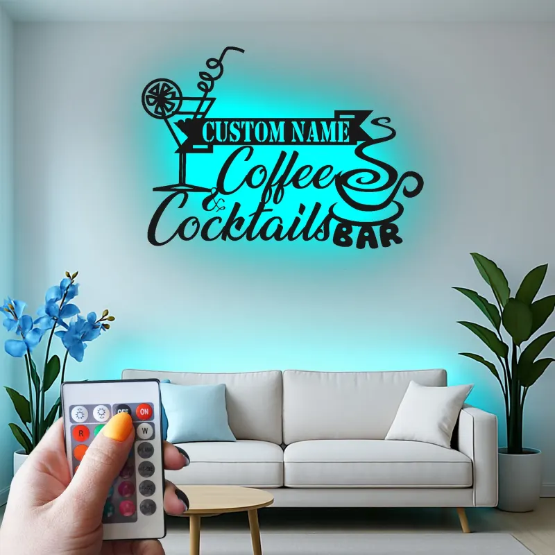 Décoration murale en métal LED personnalisée Café & Cocktails - Cadeau pour bar à domicile, cuisine ou salon