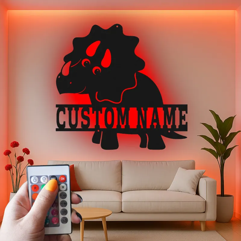 Insegna in metallo personalizzata Triceratopo con luce LED regalo personalizzato per decorazione camera nursery per bambini