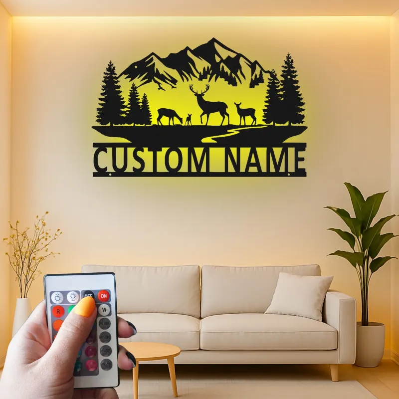 Custom Deer Mountain Scene Led Light Metal Wall Art Personalized Nature Gift for Outdoor Lovers Cabin Decor