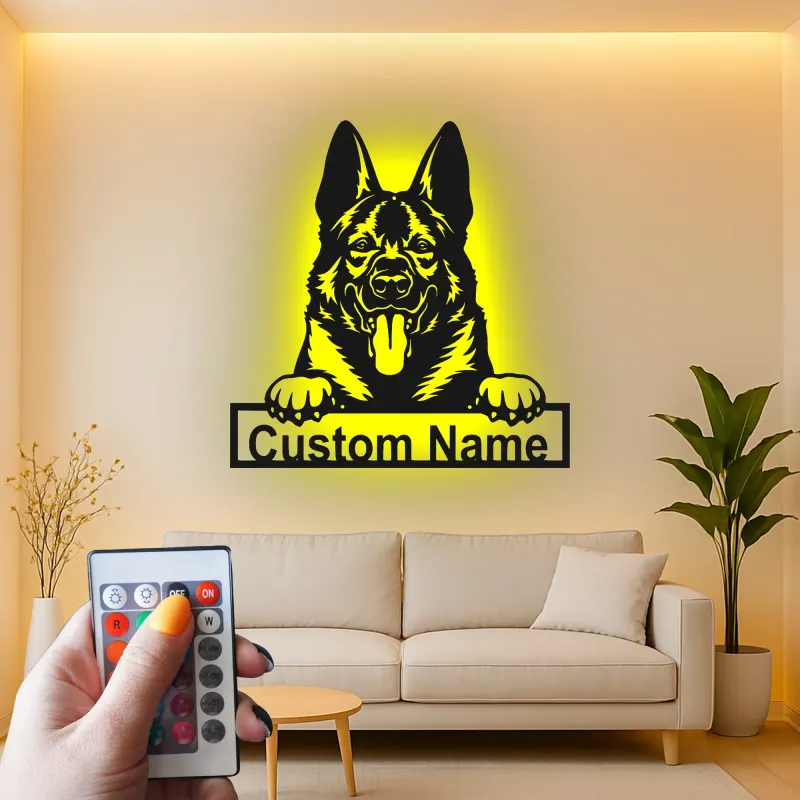 Insegna LED personalizzata con Pastore Tedesco | Arte da parete con nome del cane | Decorazione in metallo retroilluminata per ingresso | Regalo per amanti dei cani