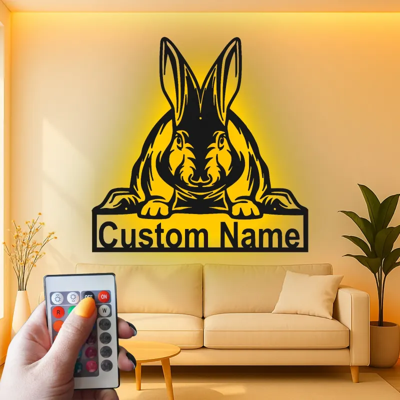 Realistic Rabbit LED Sign | Custom Metal Name Plaque for Nursery | Personalized Bunny Wall Art | Animal Lover Gift