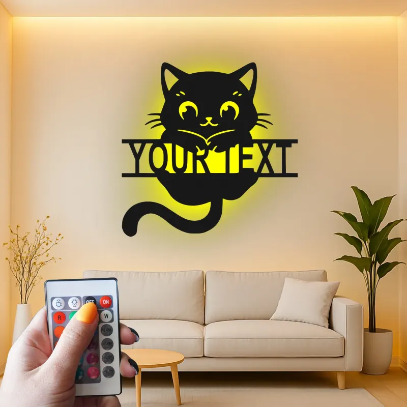 Décoration murale en métal personnalisée en forme de silhouette de chat avec rétroéclairage LED - Cadeau pour les amoureux des chats - Décor de chambre ou de salon 2