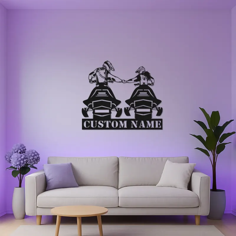 Panneau LED Couple motoneige personnalisé | Décoration murale en métal personnalisée | Décor de cabine d'hiver | Cadeau d'aventure pour couples