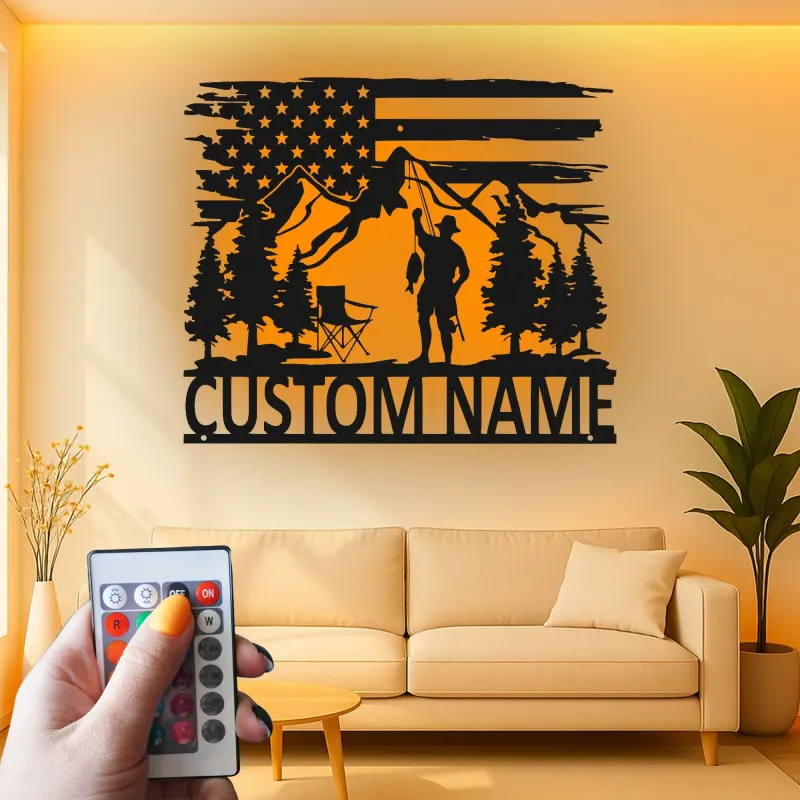 Insegna LED in metallo per pesca personalizzata | Arte da parete patriottica per pescatore | Decorazione su misura per baita e casa al lago | Regalo per pescatore
