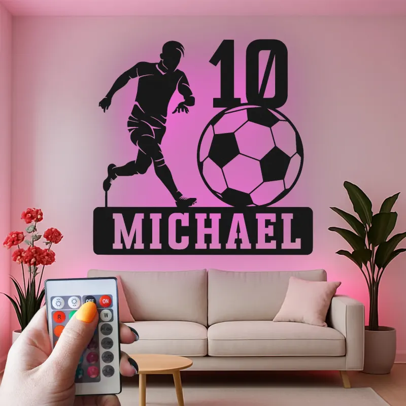 Personalized Soccer Player Light | Custom Metal Wall Art | LED Name Sign for Kids Room | Teen Athlete Gift