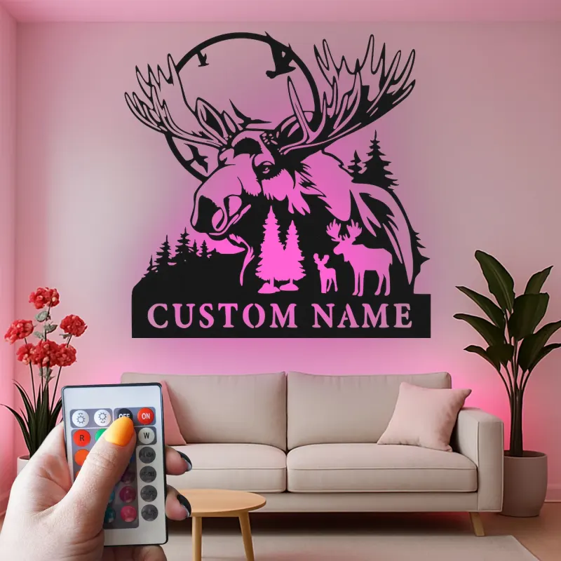 Personalisierte Metall-Wandkunst mit Elch und Wald LED-Beleuchtung – Einzigartiges Geschenk für Naturliebhaber und Hütten-Dekoration
