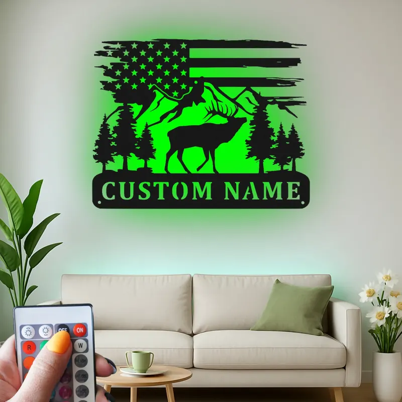 Cartel de metal LED personalizado de ciervo y montaña, regalo para entusiastas del aire libre, decoración de cabaña rústica