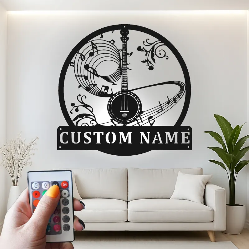Cartel de metal LED de notas musicales de banjo personalizado, regalo para músicos, decoración para sala de música