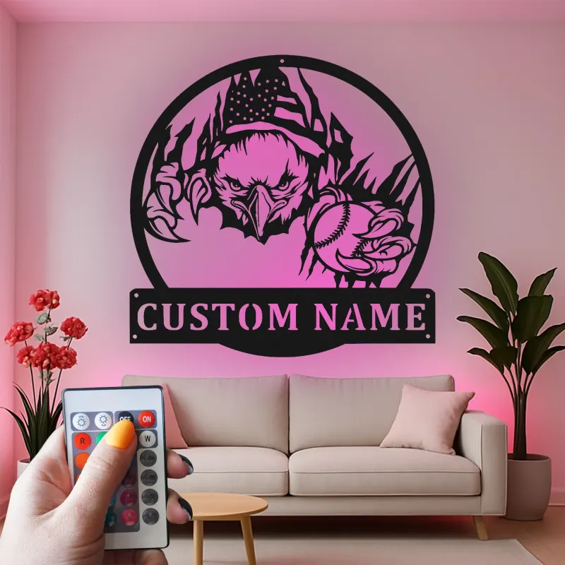 Insegna in metallo LED personalizzata a forma di aquila e baseball - Regalo personalizzato per appassionati di baseball, decorazione per sala giochi