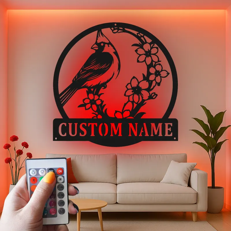 Décoration murale en métal personnalisée avec lumière LED cardinal et fleurs